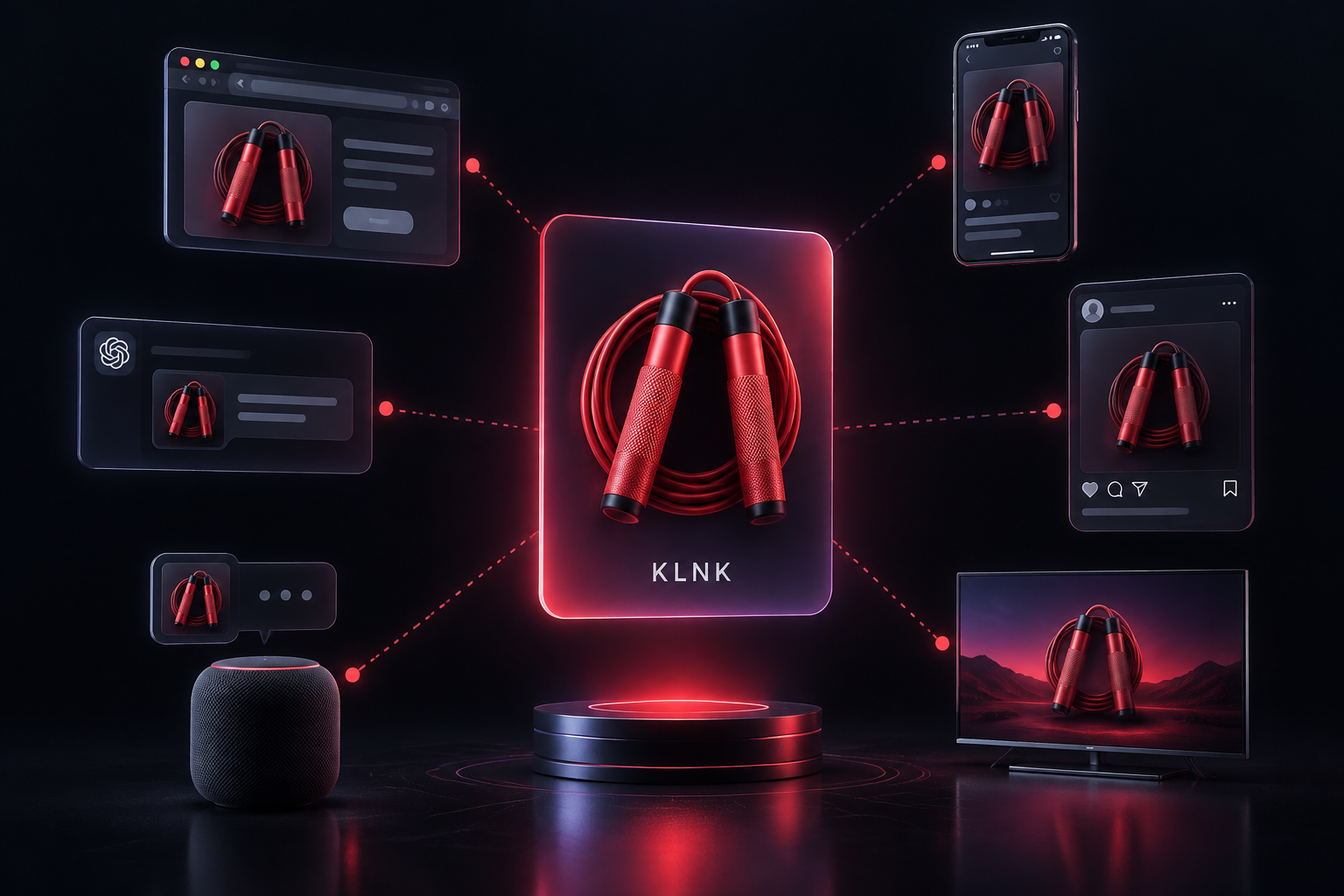 One KLNK commerce object radiating to web, mobile, social, AI assistants, voice and TV